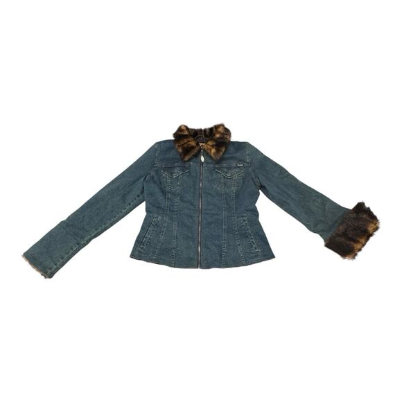 Women’s Mudd Jeans Y2K L Denim Long Sleeve Button Jacket Coat With Faux Fur - Picture 1 of 14